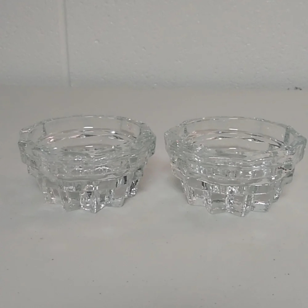 MID-CENTURY MODERN, STARBURST, HEAVY GLASS LOW PROFILE, SET OF 2 CANDLE HOLDERS